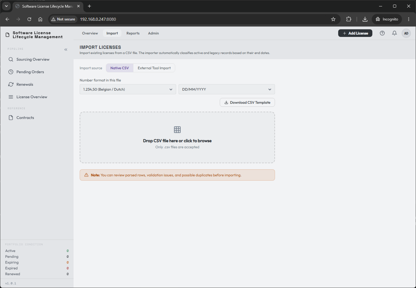 Navigating to the Import page