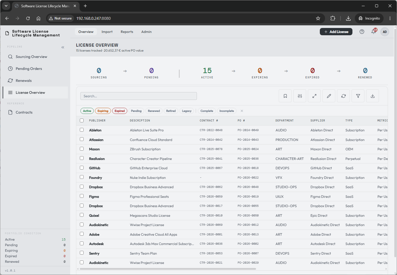 The License Overview page populated with imported licenses