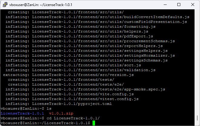 Unzipping the archive and changing into the folder