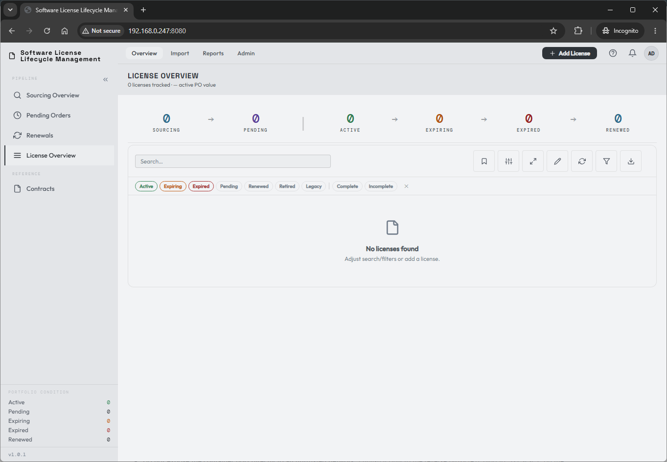 The LicenseTrack dashboard after first login