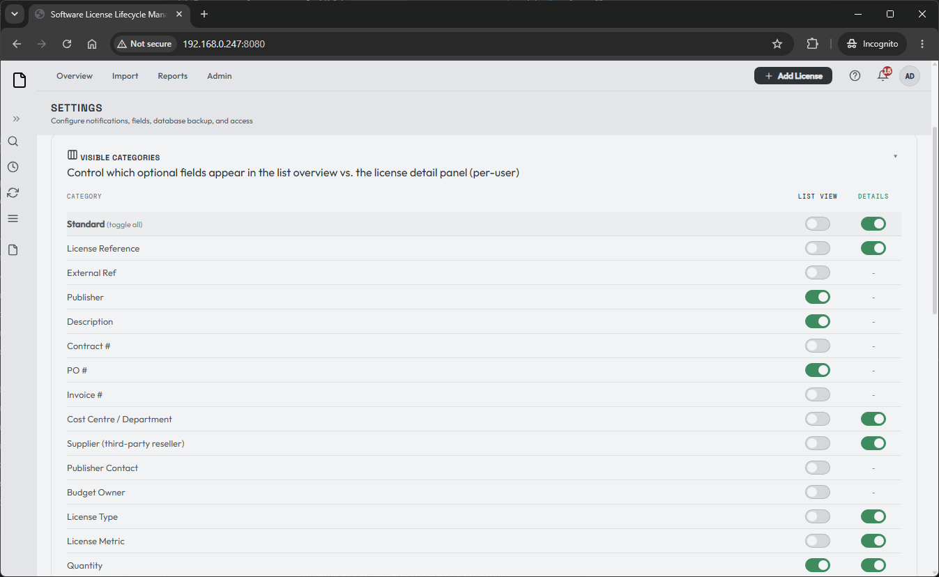 The column categories in personal user settings