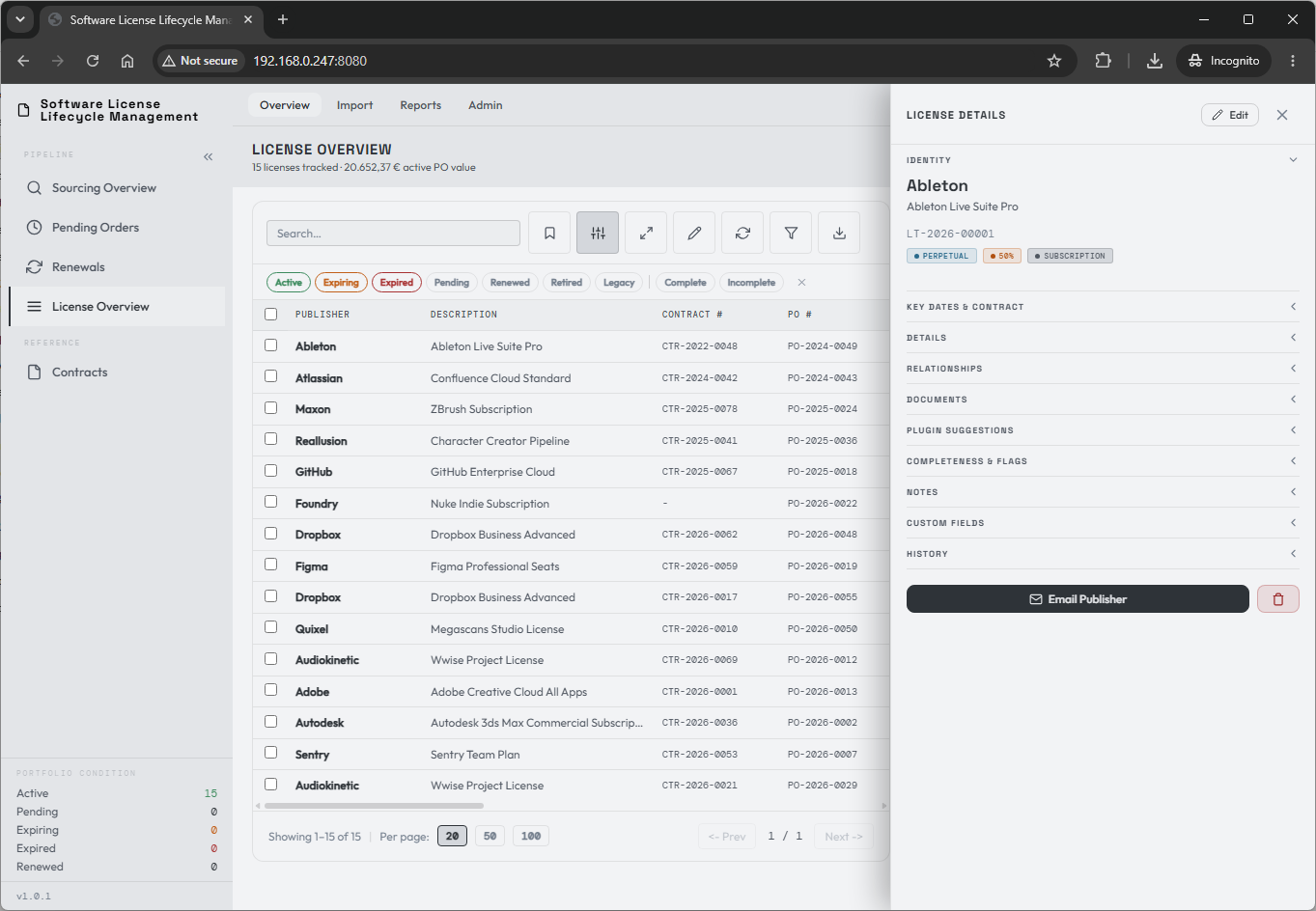 A license row selected in the overview