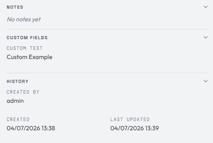 Notes, Custom Fields and History sections