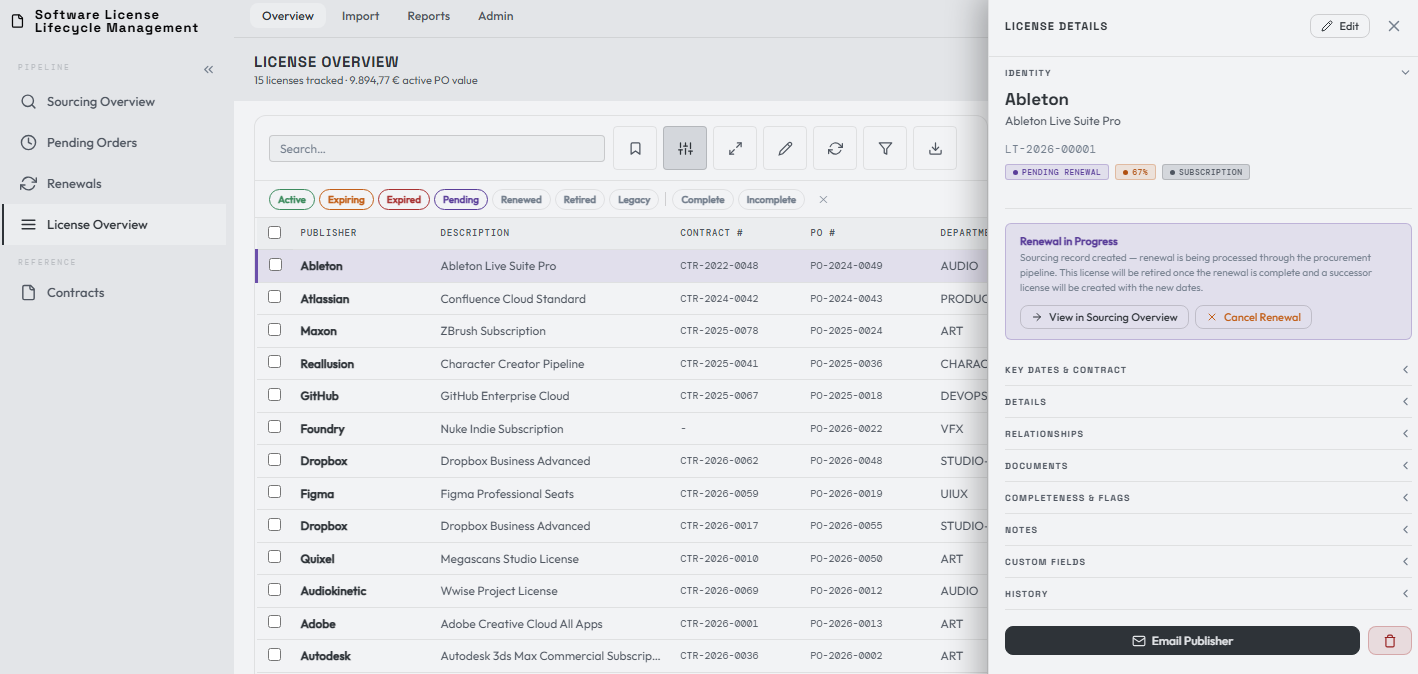 Initiating the renewal adds a pending workflow state
