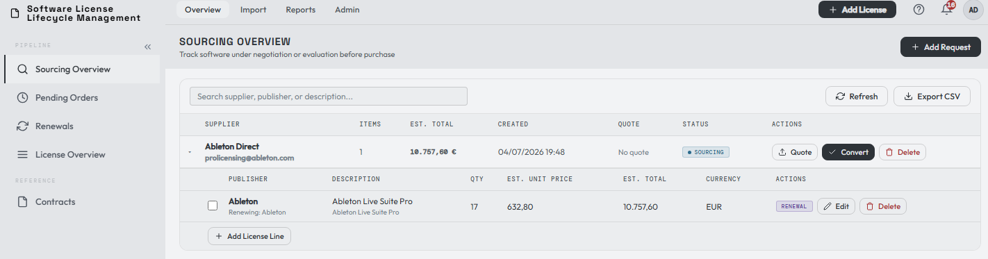 A new sourcing record created in the Sourcing Overview
