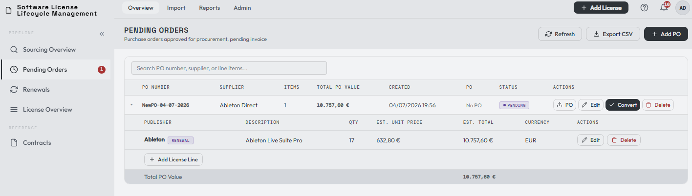 The item now in the Pending Orders phase